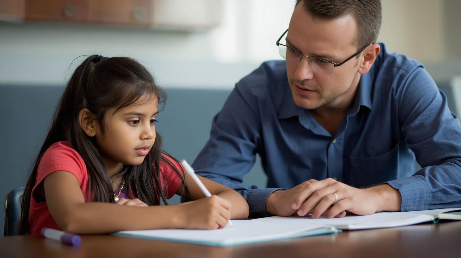 Ev ortamında öğretmen eşliğinde birebir ders yapan bir çocuk – evde eğitim sürecinin tipik bir görüntüsü