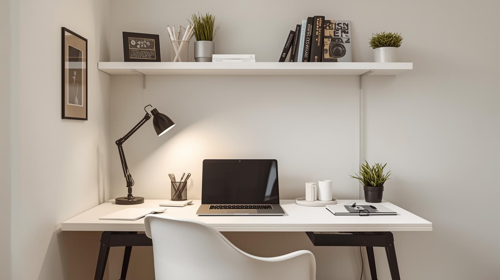 Evde eğitim için hazırlanmış sade ve düzenli bir çalışma alanı küçük evler için ideal